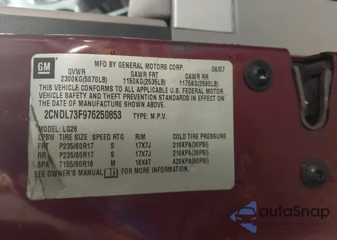 2007 Chevrolet Equinox Lt из США, поврежденный, VIN 2CNDL73F976250853